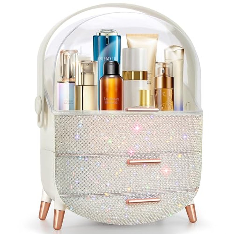 Bling Makeup Organizer for Teen Girl Gift,Hollywood Vanity Makeup Storage Box for Girl Birthday Gift,Practical Gift for Daughter,Bathroom Organizer,Skincare Organizer (Rhinestone White)