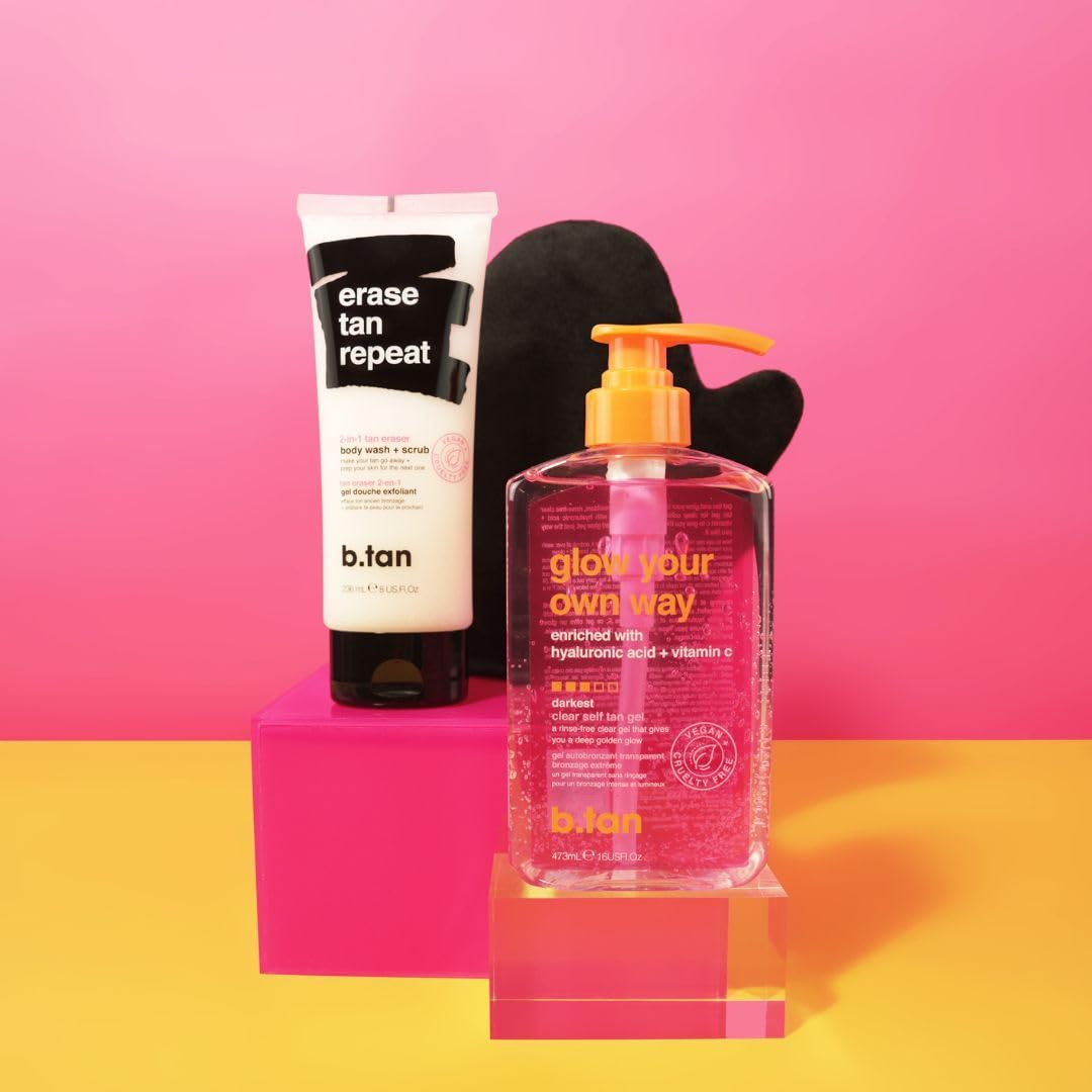 b.tan Best Clear Self Tanning Gel Kit | Glow Your Own Way Bundle - Ultra Dark, Quick Express Tanner for Face & Body with Applicator, No Transfer (Dark with Tan Eraser Scrub with Mitt)