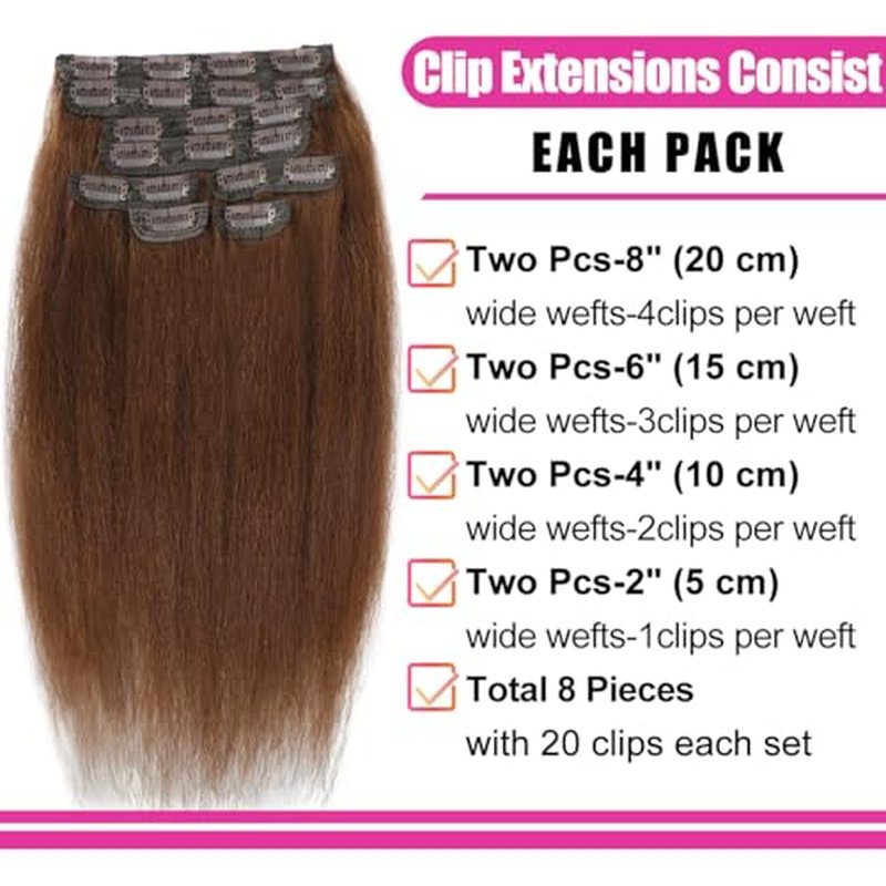 Brown Yaki Straight Clip ins for Black Women Full Head unprocessed Brazilian Remy Human Hair Extensions 22 Inch Seamless Clip ins Human Hair with 20Clips Double Weft 100g Natural Black