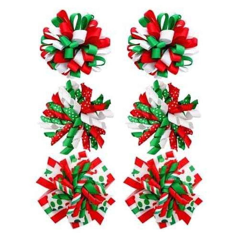 JUNEBRUSHS 6 Pcs Christmas Hair Bows Clips, Red Green White Ribbon Curly Hair Accessories for Girls Christmas Favor Gift Holiday Decor Accessory