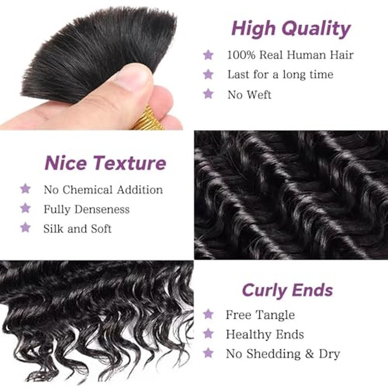 Human Braiding Hair For Boho Braids Deep Water Wave Bulk Human Hair for Braiding 12A Wet and Wavy Curly 100% Human Hair Extensions 3 Bundles 110g Natural Color 20inch
