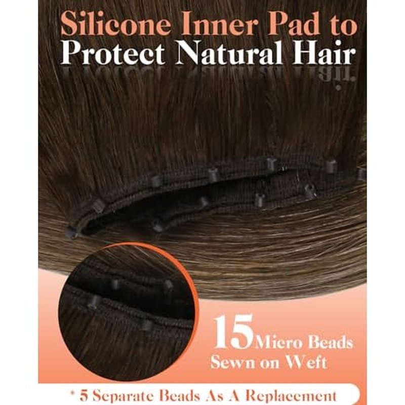 Sunny Hair Beaded Weft Hair Extensions Human Hair Balayage Micro Weft Human Hair Extensions 16inch Invisible Micro Wefts Real Hair Extension Chocolate Brown Roots to Caramel Blonde Mix Brown 50g