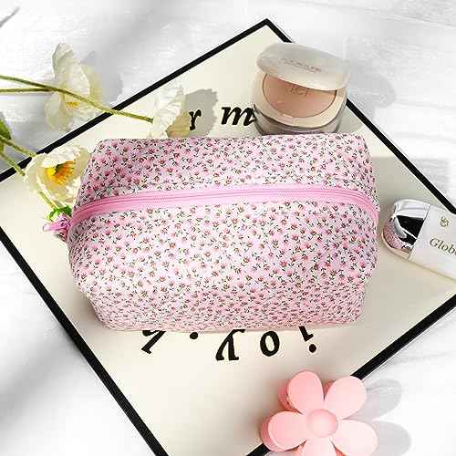 SOIDRAM Quilted Makeup Bag Floral Cosmetic Bag Puffy Coquette Makeup pouch Aesthetic Cute Pink Travel Toiletry Bag Organizer cotton Makeup Brushes Storage Bag for Women