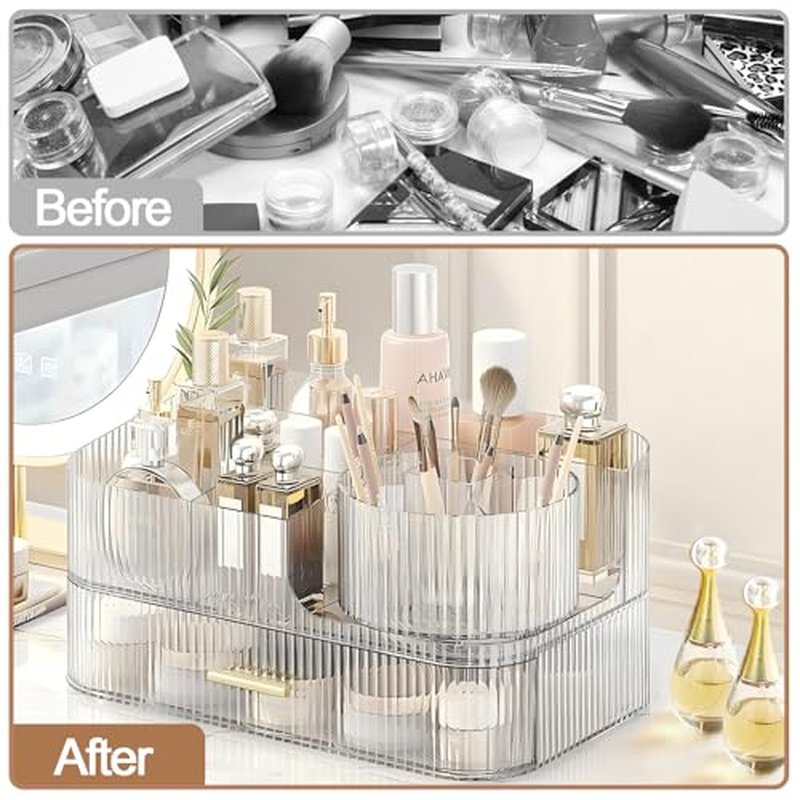 DASITON Makeup Organizer with Drawers and Rotating Makeup Brush Holder,Large Capacity Stackable Cosmetic Organizer Countertop,Bathroom Organizers and Storage,Make up Organizers for Vanity (Clear 02)