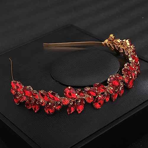 Teyglen Crystal Wedding Crown Bridal Red Rhinestone Tiara Headband Full Blue Black Pink Pieces Handmade Rhinestone Headpieces Hair Accessories for Women Party Prom Birthday (Red)