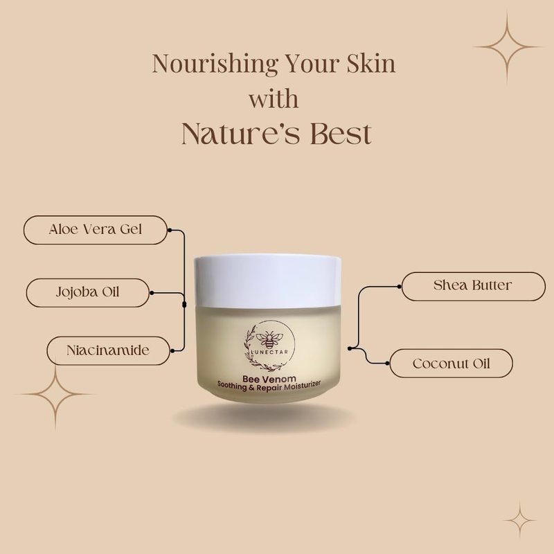 Lunectar Organic Bee Venom Soothing & Repair Moisturizer - Anti-Aging Face Cream with Bee Venom, Aloe Vera, Niacinamide, and Squalane - For Fine Lines, Wrinkles, and Redness - 4 oz