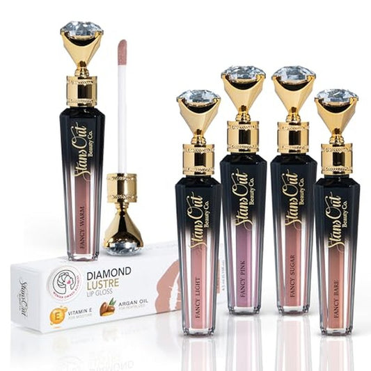 StansOut Diamond Lustre Lip Gloss Bundle - 5 Pack - Fancy Warm, Light, Pink, Sugar, Bare - Vitamin E & Argan Oil Infused - Long-Lasting Lustrous Shine - Hydrating Formula - Portable Elegance