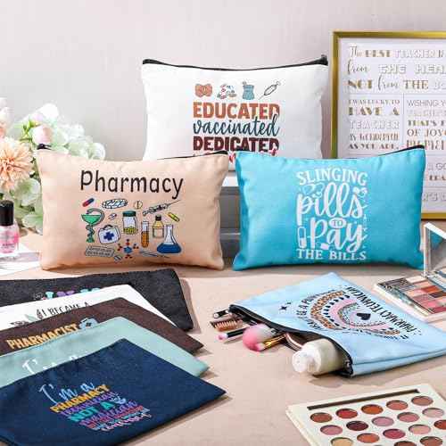 Kacctyen 9 Pcs Pharmacy Technician Gifts for Women Canvas Pharmacist Makeup Bag Canvas Zipper Cosmetic Bags Funny Pharmacy Technician Accessories for Pharmacist Nurse Coworker Medical Assistant