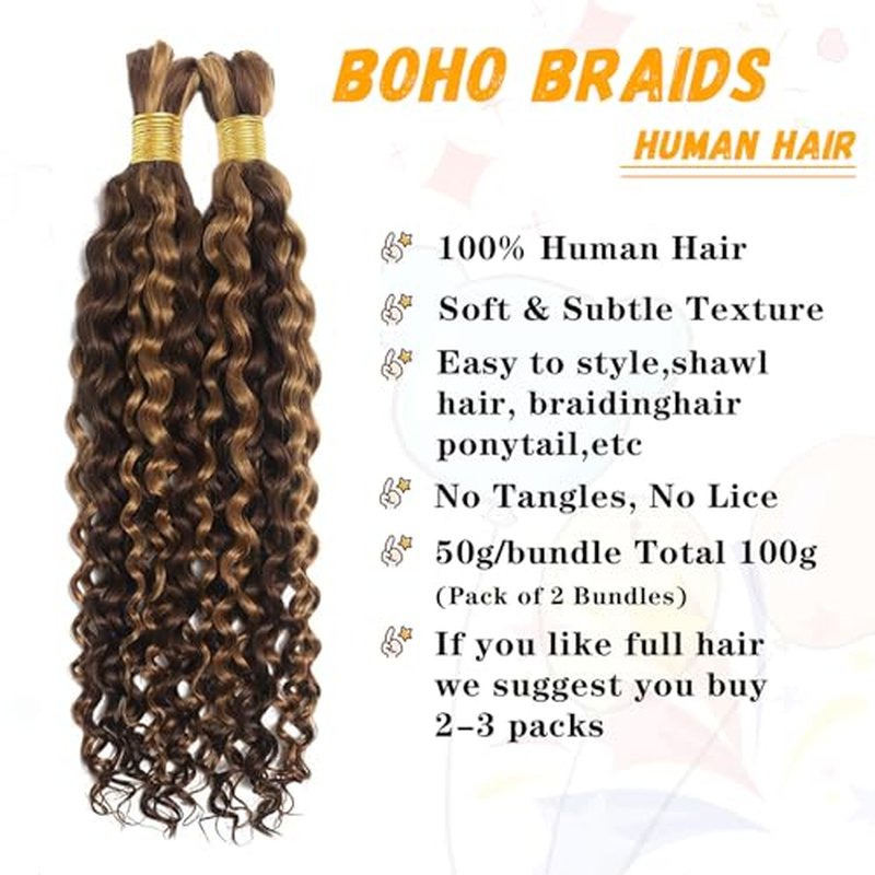 Human Braiding Hair Water Wave Bulk Human Hair For Braiding No Weft Wet And Wavy Human Hair Braiding Hair Extensions For Boho Braids 2 Bundles Human Hair Per Pack 100g (18inch, 4/27#)
