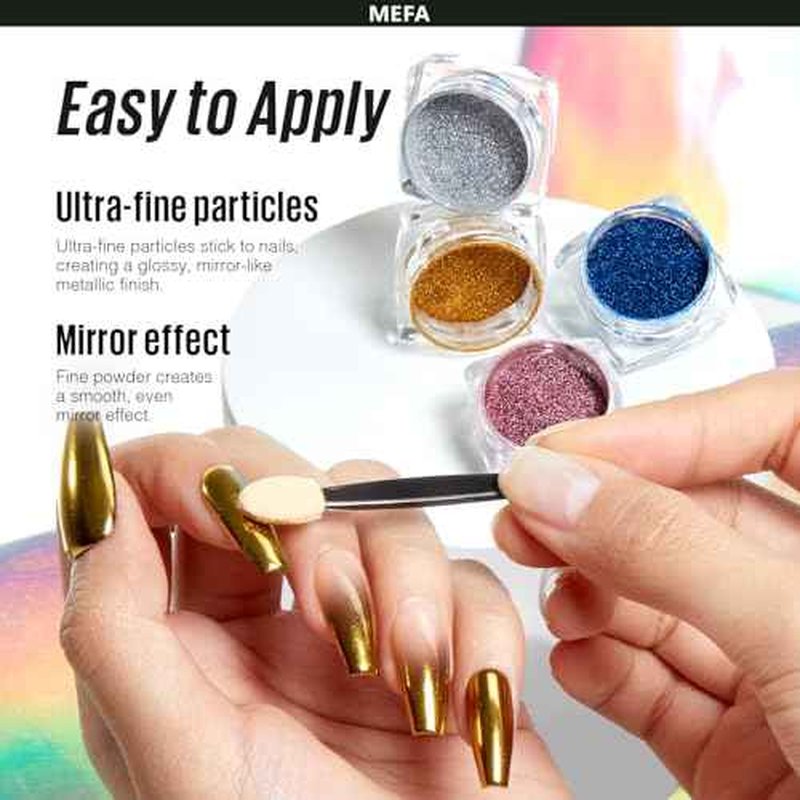 MEFA Chrome Powder for Nails 4 pcs, Mirror Effect Nail Powder Holographic Aurora Iridescent Pearlescent Manicure Nail Art Decoration Glitter Metallic Gold Pink Blue Grey Chrome Nail Powder Kit