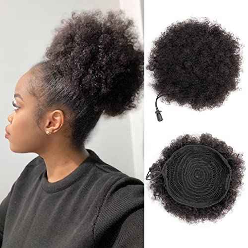 Afro Puff Drawstring Ponytail Human Hair Small Kinky Curly Ponytail Buns Hairpieces 8A Brazilian Virgin Hair Short Clip In Ponytails for Black Women Girls Kids 6 Inch Natural Black
