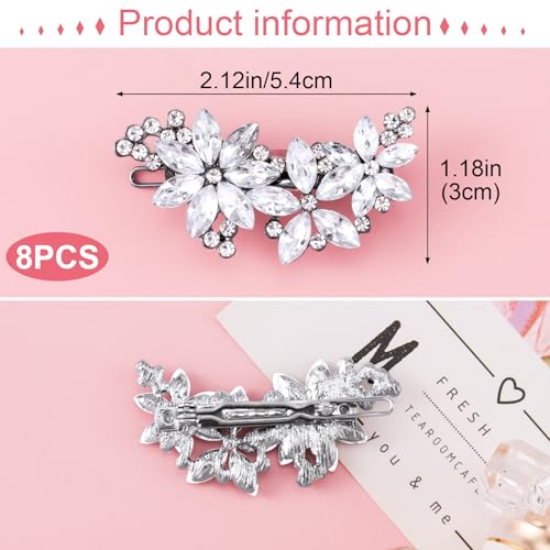 PAGOW Silver 8 Pcs Crystal Flower Hair Clips, Wedding Hair Accessories for Brides Women Girls, Rhinestone Flower Headpiece