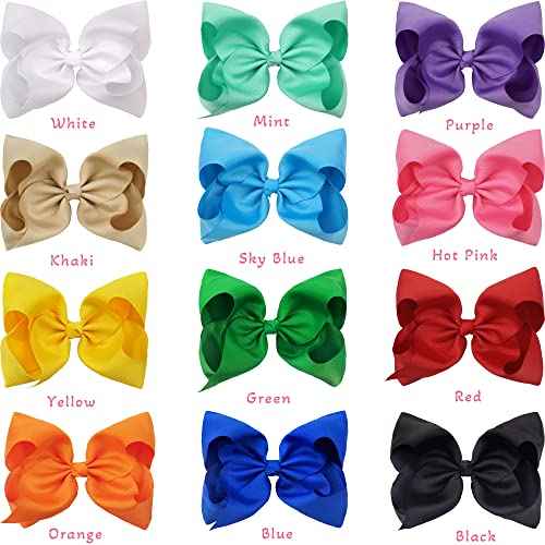 C?LLOT Hair Bows for Girls, 8inch Oversize Large Boutique Grosgrain Ribbon Hair Bows Alligator Hair Clips, 12 Pack
