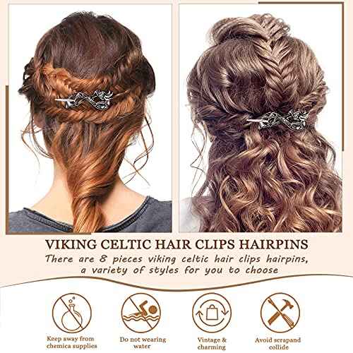 WILLBOND Hair Clips, 8 Pcs Viking Celtic Hairpins Vintage Celtic Knot Hair Sticks, Retro Silver Alloy Hair Barrette Jewelry Accessories for Women Girls