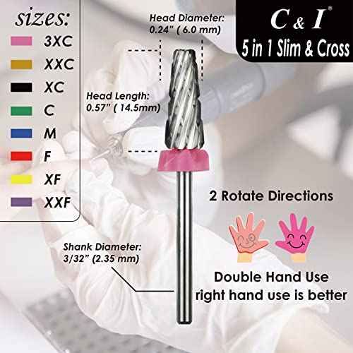 C & I 5 in 1 Nail Drill Bit, Cross & Slim Edition, Professional Nail Drills for Electric Manicure Drill Machine (Double Fine -XXF)