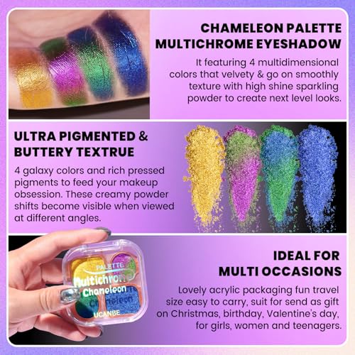 UCANBE Multichrome Chameleon Eyeshadow Makeup Palette, 4 Colors Holographic Metallic Glitter Eye Shadow Pallet, High Pigmented Creamy Duo Chrome Multidimensional Eye Make Up Kit