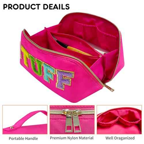 Preppy Stuff Makeup Bag, Stoney Clover Travel Toiletry Bag Pouch Chenille Letter Make Up Bags Girls Cute Cosmetic Bag Wedding Birthday Stocking Stuffers for Gifts Halloween Stuff (Rose Red)