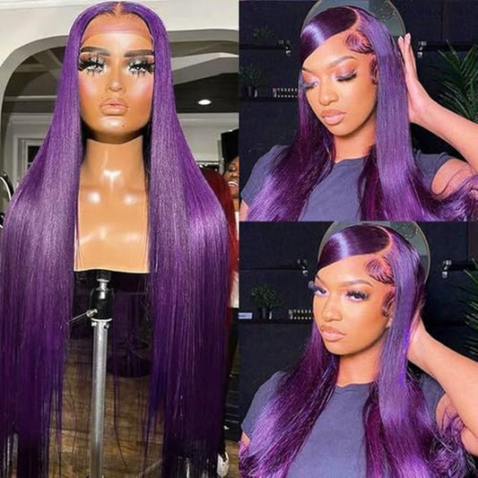 Aubree Glueless Lace Front Wig - Dark Violet Purple Silky Straight Synthetic Hair | Heat Resistant, Pre Plucked Natural Hairline | Ready-to-Wear for Black Women