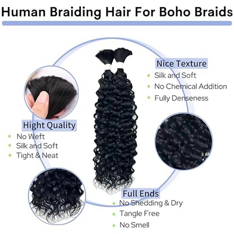 Human Braiding Hair for Boho Braids 20inch 100% human hair Water Wave Bulk Braiding Knotless No Weft Curly Bundles Human Hair Wet and Wavy Micro Hair Extensions Bulk 2 Bundles 100g hair Natural Color