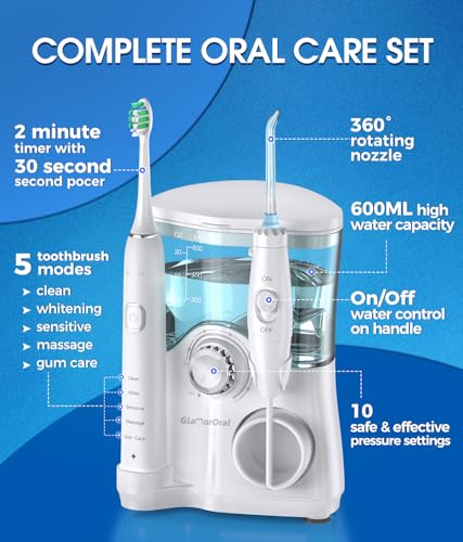Electric Toothbrush and Water Flosser,600ML Oral Irrigator Water Flosser with 7 Jet Tips,10 Adjustable Pressure Settings,Sonic Electric Toothbrush with 2 Brush Heads,5 Modes(White)