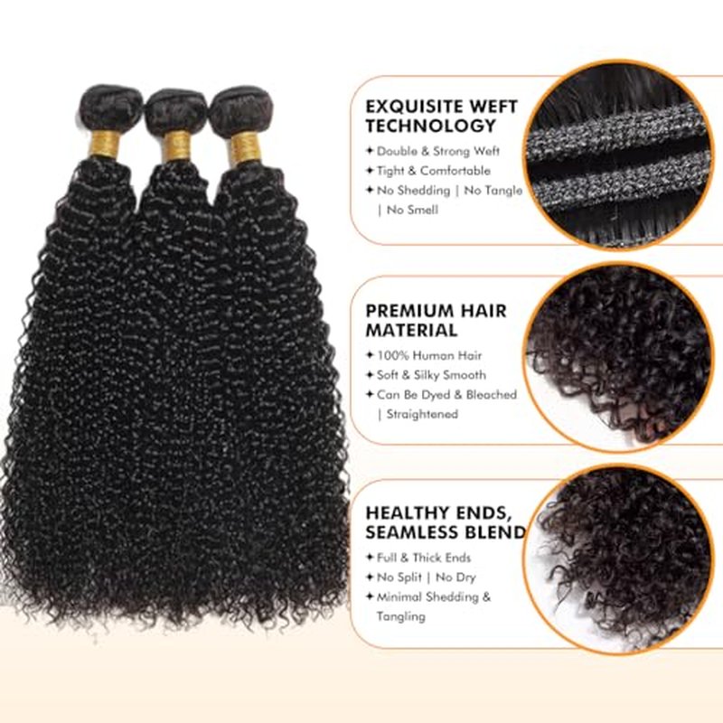 Kinky Curly Bundles Human Hair 12 14 16 Inch Human Hair Bundle 100% Unprocessed Brazilian Virgin Hair 3 Bundles for Black Women Weave Extensions Natural Black