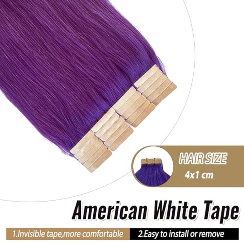 Munx Human Hair Extensions Tape in Purple 20 Inch 50g Real Hair Extensions Tape in Remy Silky Straight Natural Hair Extensions 20pcs