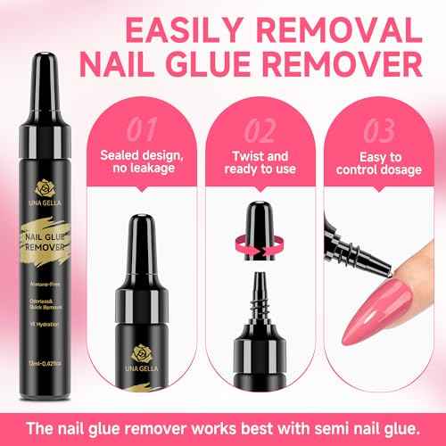 UNA GELLA Quick Removal Gel Nail Glue Remover for Press On Nails: Acrylic Nails Semi Solid Nail Glue Acetone-Free, Not for Gel Polish Base Coat Soak Off Remover Kit Drip Use, 12ml*2pcs