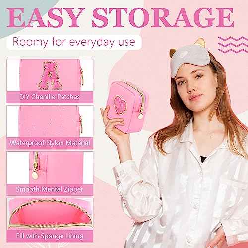 Giesiery Bulk 16 Pcs Preppy Makeup Bags Pink Nylon DIY Craft Zipper Pouch for Bridal/Proposal Gifts, Travel Toiletry Organizer