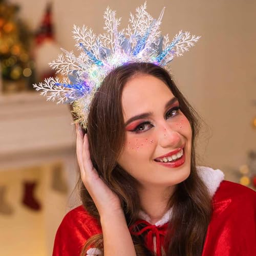Woeoe Christmas Light up Headband LED Snowflake Hair Hoop Icicle Sparkly Glowing Xmas Headpiece Holiday Party Costume Hair Band for Women and Girls