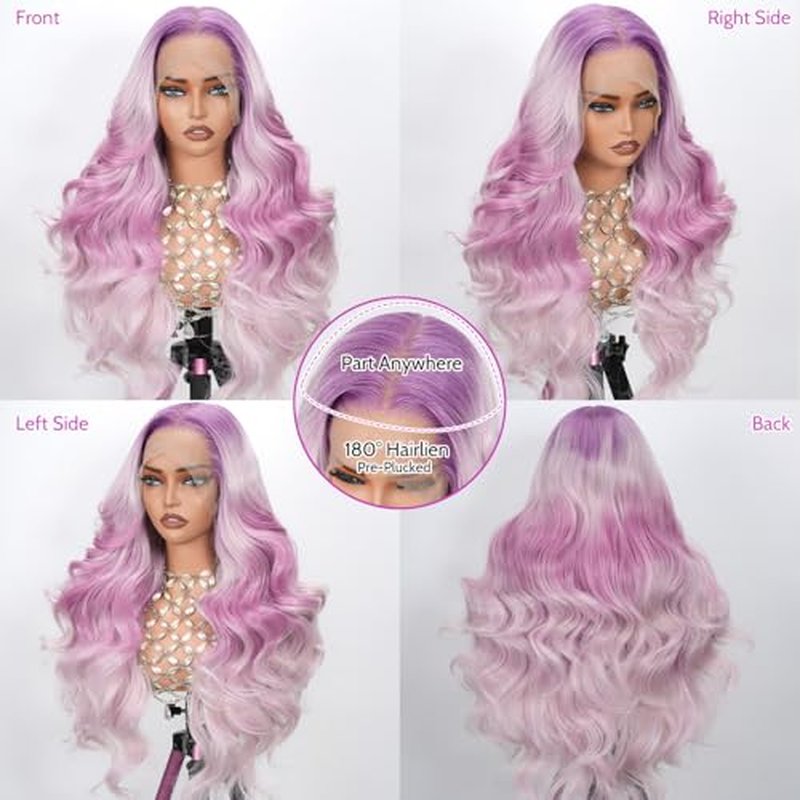Pink and Purple Ombre Lace Front Wig, 13x6 Glueless Body Wave Human Hair Wig with HD Transparent Lace, Pre Plucked & Baby Hair