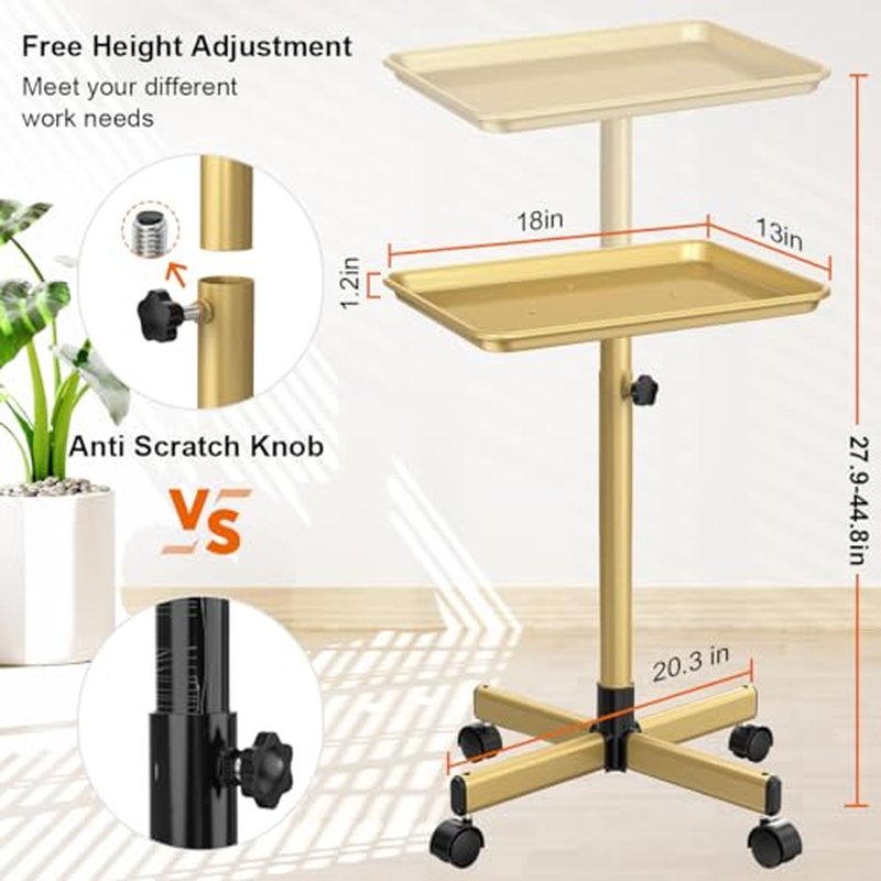 Salon Tray Cart Premium Aluminum Tattoo Tray, Champagne Gold Salon Rolling Tray, Height Adjustable Utility Trolley, Salon Tray on Wheels for Spa Hairstylist Clinic Dental