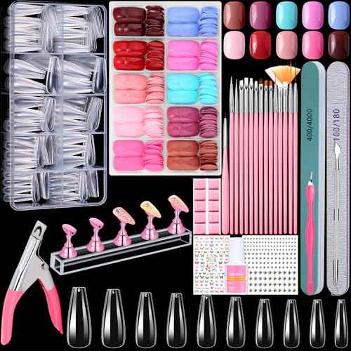 600PCS Clear Coffin Nail Tips and 240PCS Short Press On Nails Set, Clear Acrylic Nail Tips with Glue, Nail Art Brushes and Nail Display Stand, Nail Tips for Salons and Home DIY Nail Art
