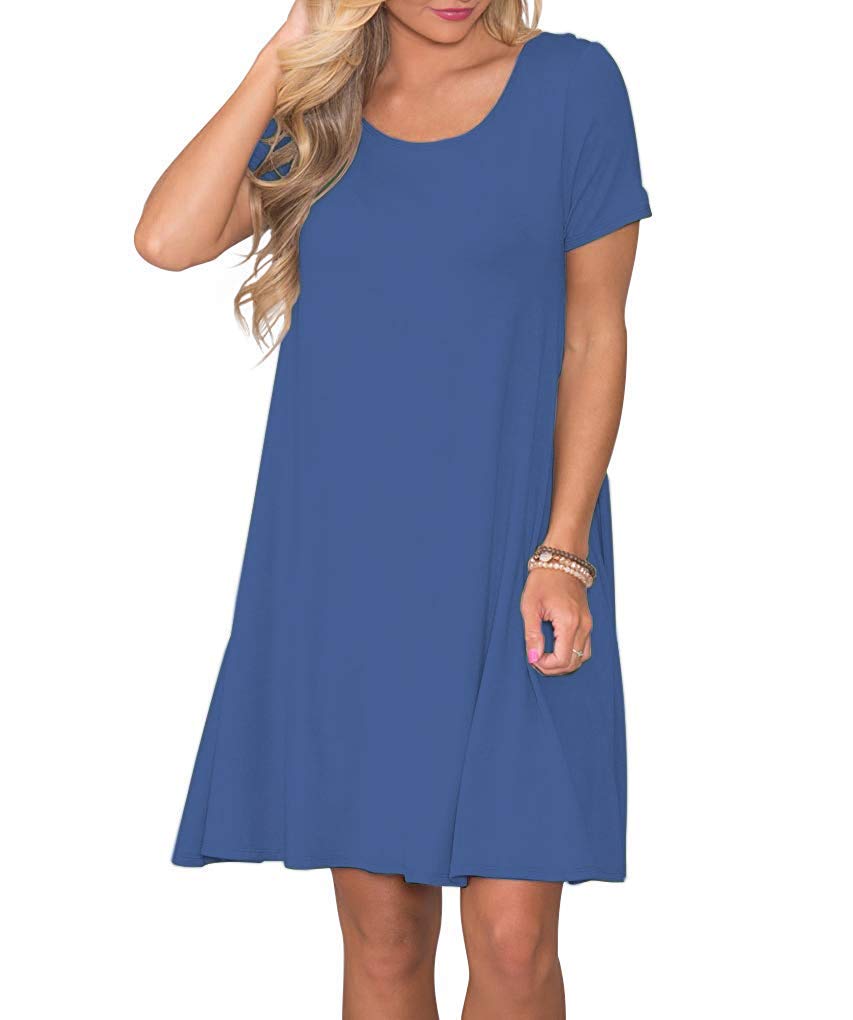 WNEEDU Women's Summer Casual T-Shirt Dress with Pockets — Short Sleeve Swing Dress (Beja Blue,2XL)