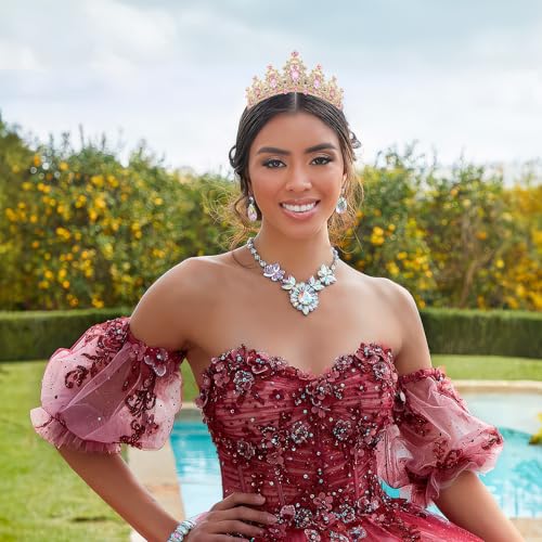 Gold Crown for Women, Fufuddz Pink Crystal Tiara Princess Tiaras Queen Crowns with Combs Quinceanera Birthday Bridal Wedding Prom Party Halloween Headband Christmas Hair Accessories 15th 16th