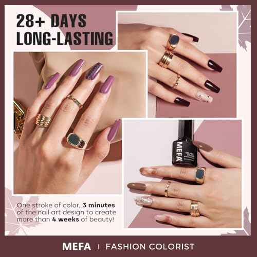 MEFA Fall Gel Nail Polish Set, 12 Colors Burgundy Red Nail Polish Set Champagne Gold Glitter Nail Polish Gel Soak Off Dark Red Purple Shimmer Nude Brown Manicure Gifts for Women Girl DIY Salon Home