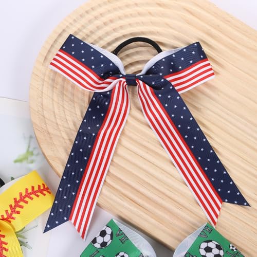 Hipcheer 20pcs Collegiate Style Cheer Bows for Girls, Long Tail Skinny Cheer Bow Ponytail Holder Handmade Bows for Girls Teens Softball Cheerleader Sports (Red Blue)