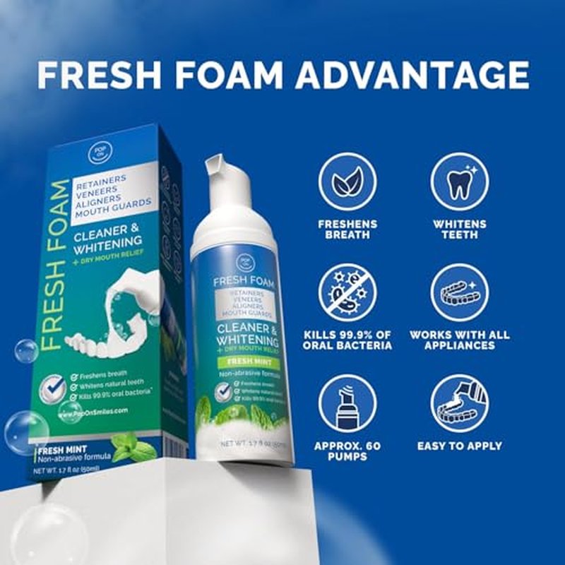 Aligner & Retainer Cleaner Fresh Foam ? Dry Mouth Relief, Compatible with All Clear Aligners, Retainers, Mouth Guards, Night Guards, Veneers, Whitens, Freshens, 3% Hydrogen Peroxide, Mint - 50ml 3pcs