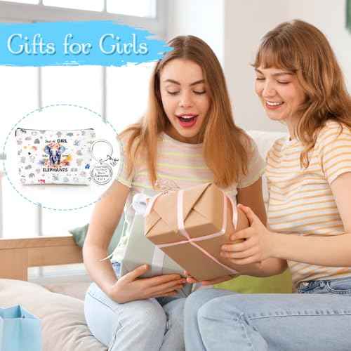 Elephant Gifts for Women - 3Pcs Elephant Lovers Birthday Gifts Set, Cute Cartoon Elephant Makeup Bag Keychain and Healing Bracelets, Christmas Valentines Mother's Day Wedding Gift
