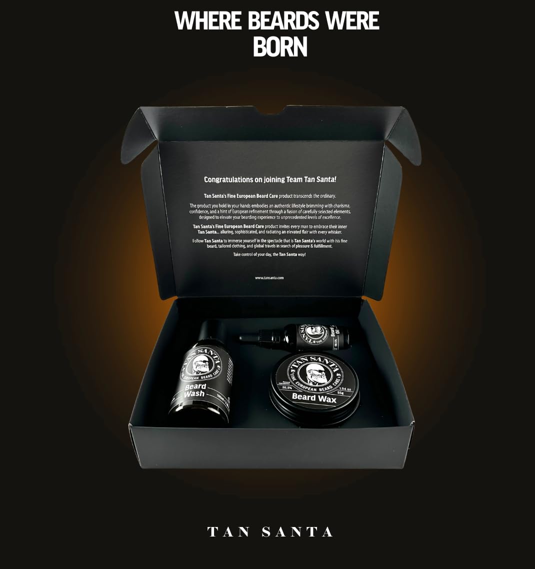 Tan Santa Beard Care Kit for Men - 3 pack - Beard Oil, Beard Wash, and Beard Wax. Small batch European formulations