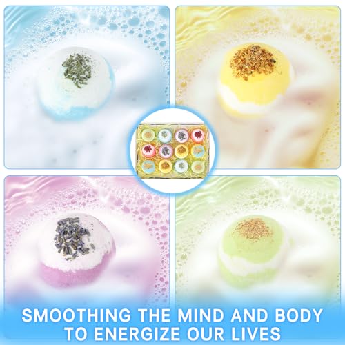 Bath Bombs for Women, USIN Natural Bubble Bath Balls Gift Set, Pack of 12 Pcs Multiple Bath Bomb, SPA Relaxing, Self Care, Gifts for Women, Men, Girls, Boys, Natural Flower Petals, 3.53 Oz Large Size