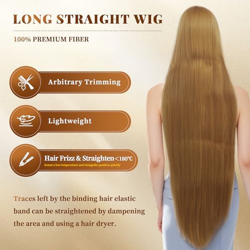 48 Inches Surper Long Straight Wig for Women Flat Bangs Soft Yaki Kinky Wigs for Daily Party Halloween Christmas Cosplay Wig Synthetic Hair Strawberry Blonde 120CM
