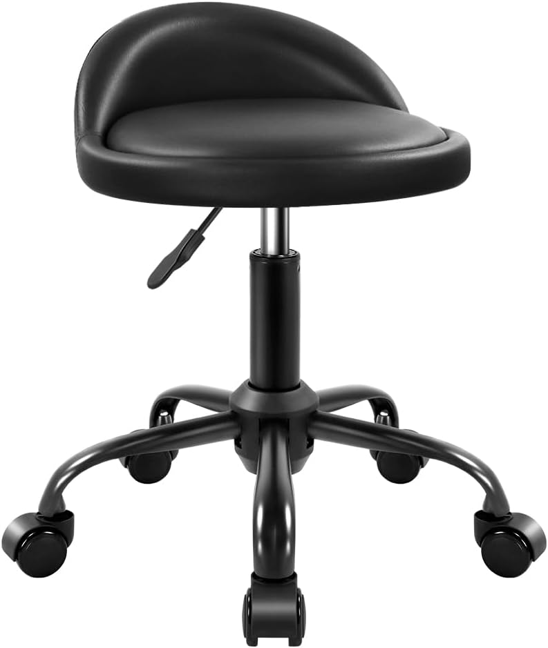 Rolling Stool with Backrest - Height Adjustable Swivel Drafting Chair | PU Leather, Small, Black