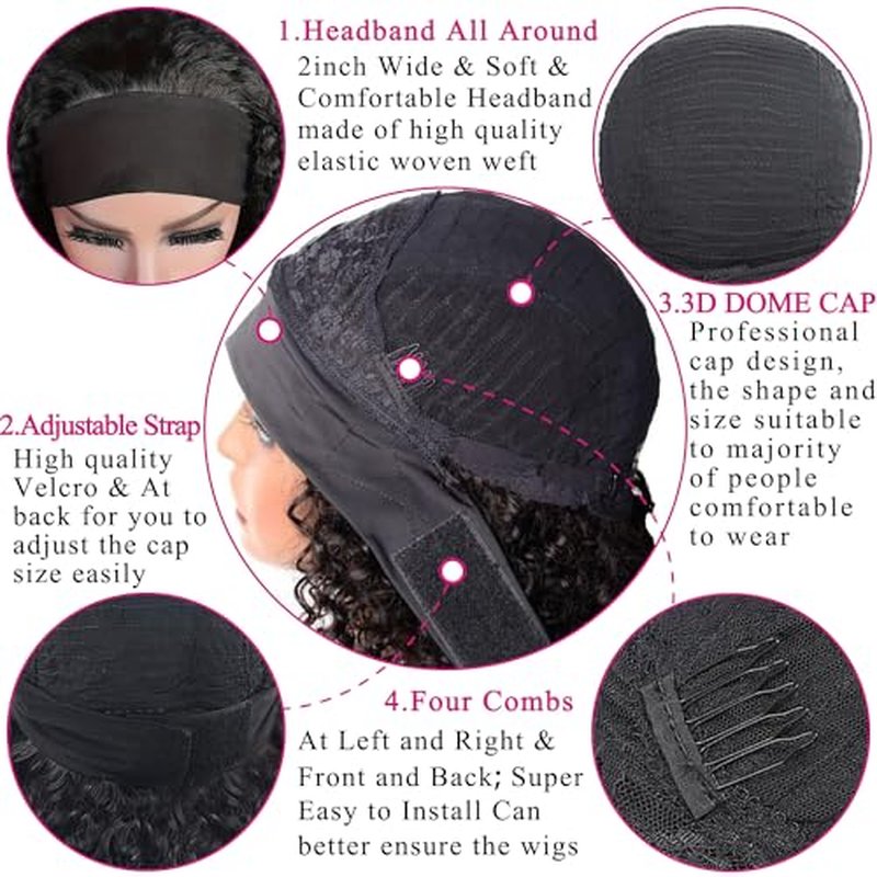 Headband Wig Human Hair Deep Wave 20 Inch Human Hair Headband Wig Glueless Curly Wigs None Lace Front Wigs for Black Women Natural Color