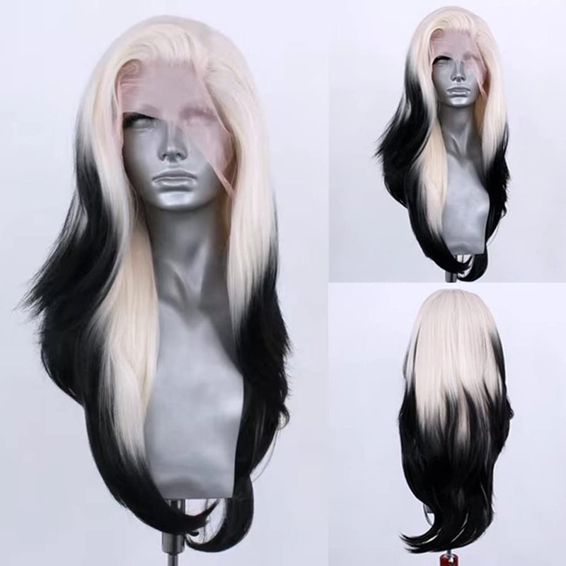 RONGDUOYI Ombre Color Synthetic Lace Front Wig for Women 13x4 Glueless Natural Straight Platinum Black Lace Wig Glueless Natural Hairline Synthetic Daily Wear Costume Party