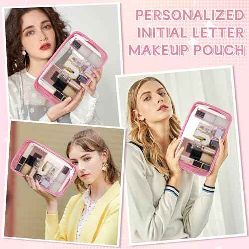 Personalized Initial Clear Makeup Bag, Travel Chenille Patch Cosmetic Bag, Preppy Toiletry Bag Monogram Cosmetic Pouch with Zipper, Ideal Gift for Teen Girls Women (Pink, J)