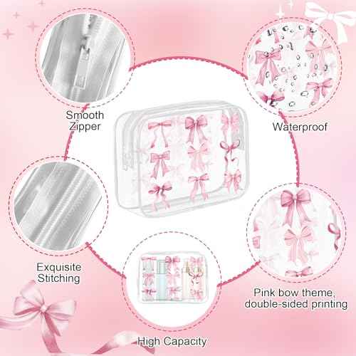 6Pcs Pink Bow Clear Makeup Bag PVC Coquette Cosmetic Bags Transparent Plastic Pouch with Zipper Waterproof Travel Toiletry Bags Pink Trendy Pouch Bag Gift for Birthday Party Favor Mother Nurse Girls