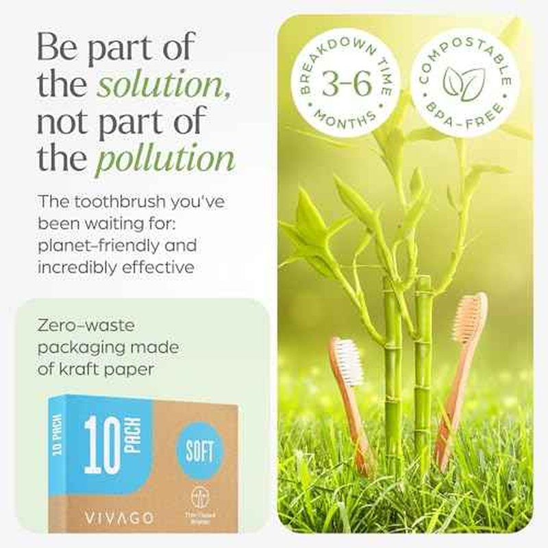 Soft Flossing Bamboo Toothbrushes 10 Pack - BPA Free Soft Bristles Toothbrushes for Adults, Natural Wooden Toothbrush