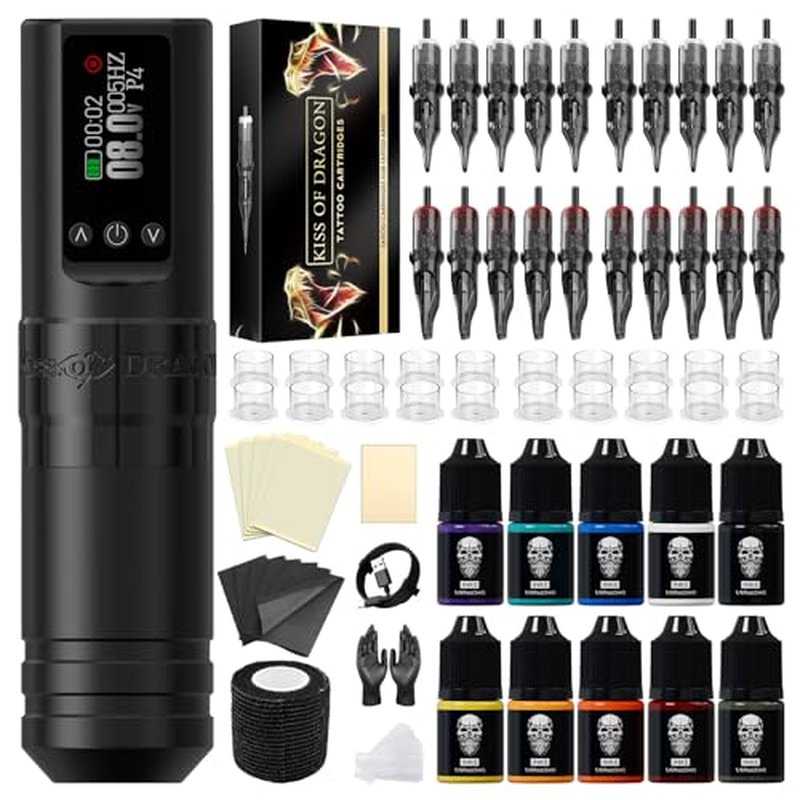 Tattoo Gun Kit Complete Wireless Tattoo Machine Kit, Kiss of Dragon V1S Rotary Adjustable Stroke Tattoo Pen with 1600 mAh Cordless Battery Tattoo Cartridge Needles Set for Beginners