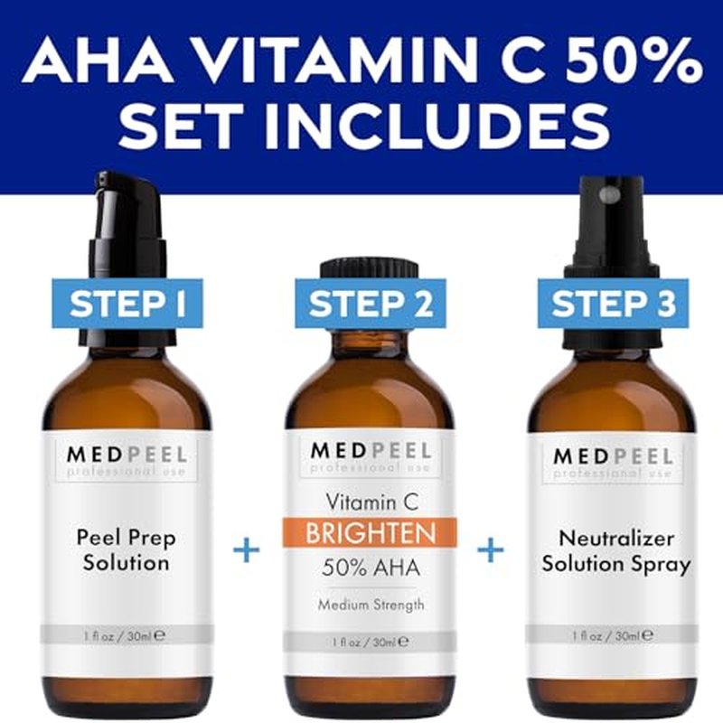 Medpeel 50% AHA & Vitamin C Brightening Essential Peel Kit, Includes Peel, Prep, Neutralizer, Medium Strength Professional Grade Chemical Face Peel, Minimize Fine Lines Wrinkles, 1oz/30ml (Kit of 3)
