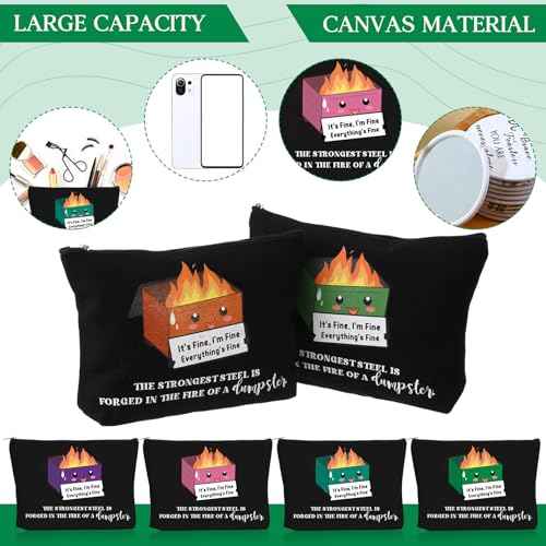 Reginary 6 Pcs Emotional Support Dumpster Fire Cosmetic Bag Gift Team Employee Appreciation Gift Bulk Funny Makeup Bag Canvas Pouch for Coworker Staff Volunteer Teacher Nurse, 6 Style(Black)